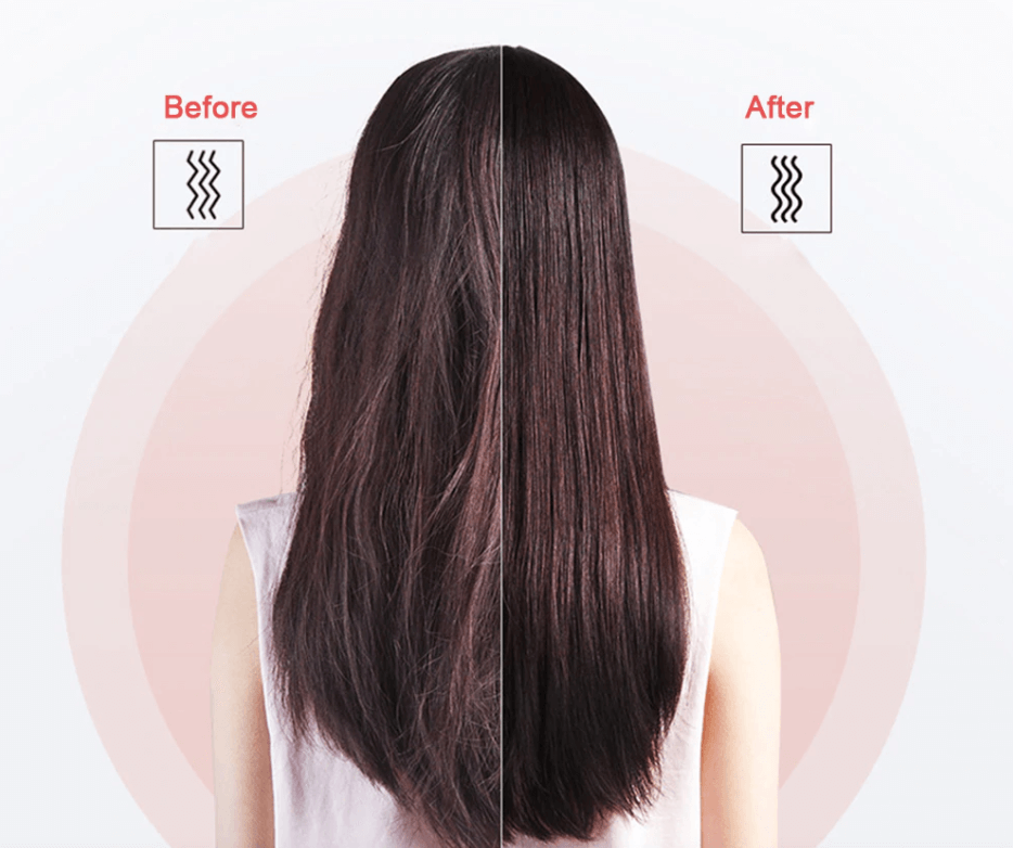Before and after demonstration of straightening comb on long hair