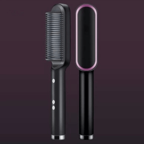 Hair straightener brush in black and purple colourway