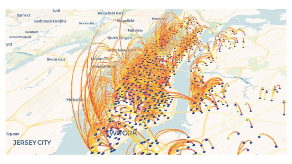 Citi Bike case study route concentration map showing Manhattan corridors