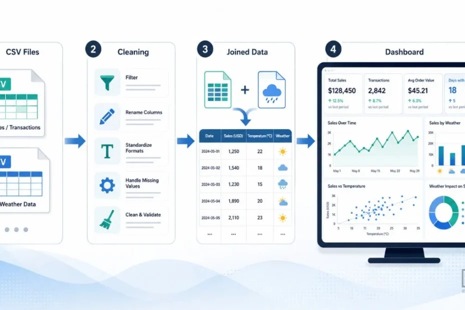 csv to dashboard workflow joining sales data with weather data