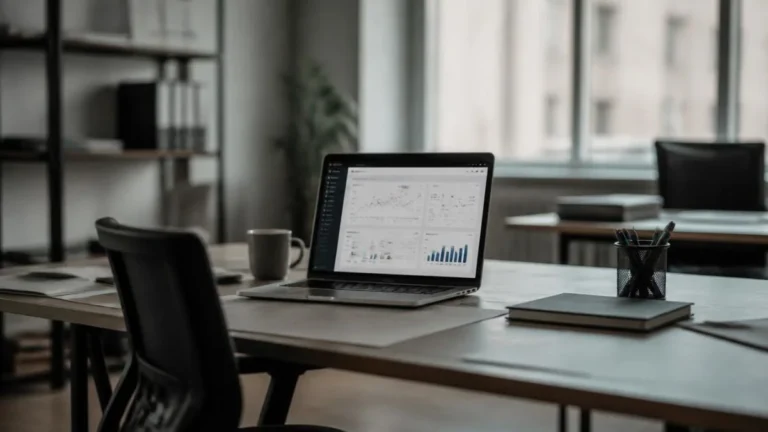 Empty office desk with a dashboard on the monitor showing dashboard adoption is failing