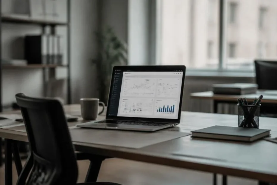 Empty office desk with a dashboard on the monitor showing dashboard adoption is failing