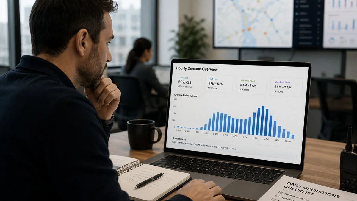Operations manager reviewing an hourly chart on screen showing how to act on hourly demand patterns