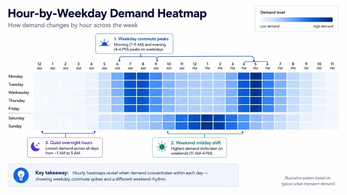 Hour-by-weekday heatmap showing how hourly demand patterns vary across days of the week