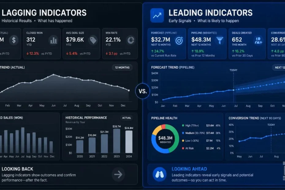 Operations dashboard showing lagging vs leading indicators side by side