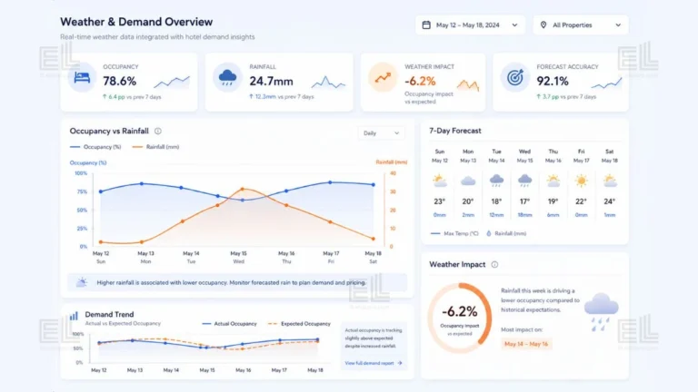 Weather data integration in Australian hospitality dashboard, showing occupancy vs rainfall
