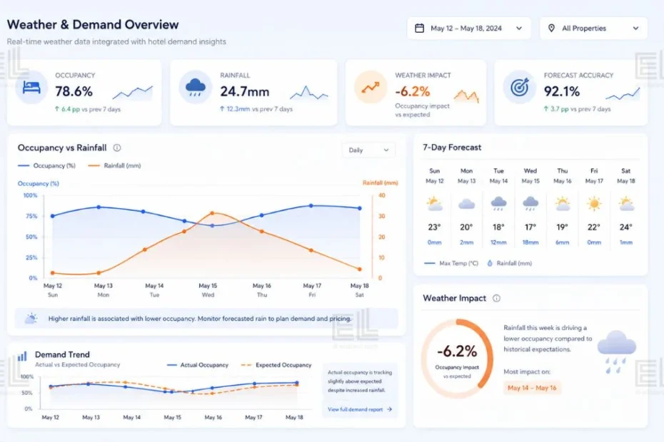 Weather data integration in Australian hospitality dashboard, showing occupancy vs rainfall