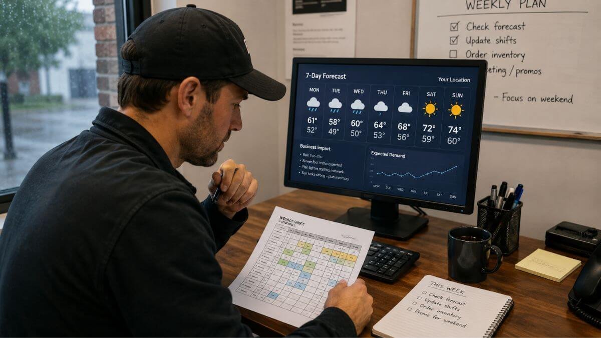 Operator reviewing a weather forecast and shift schedule showing weather data integration in daily planning