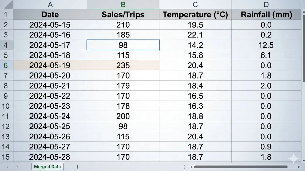 Spreadsheet with weather and sales data merged together as a first step in weather data integration