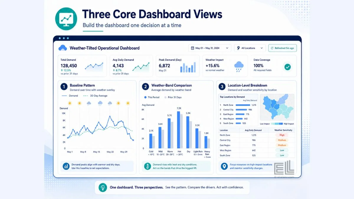 Weather-tilted operational dashboard with three core views